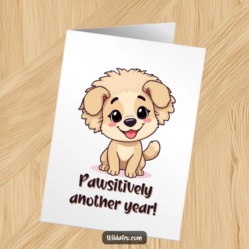 Funny Free Printable Birthday Card: Cheerful dog with a fluffy afro wagging its tail excitedly.