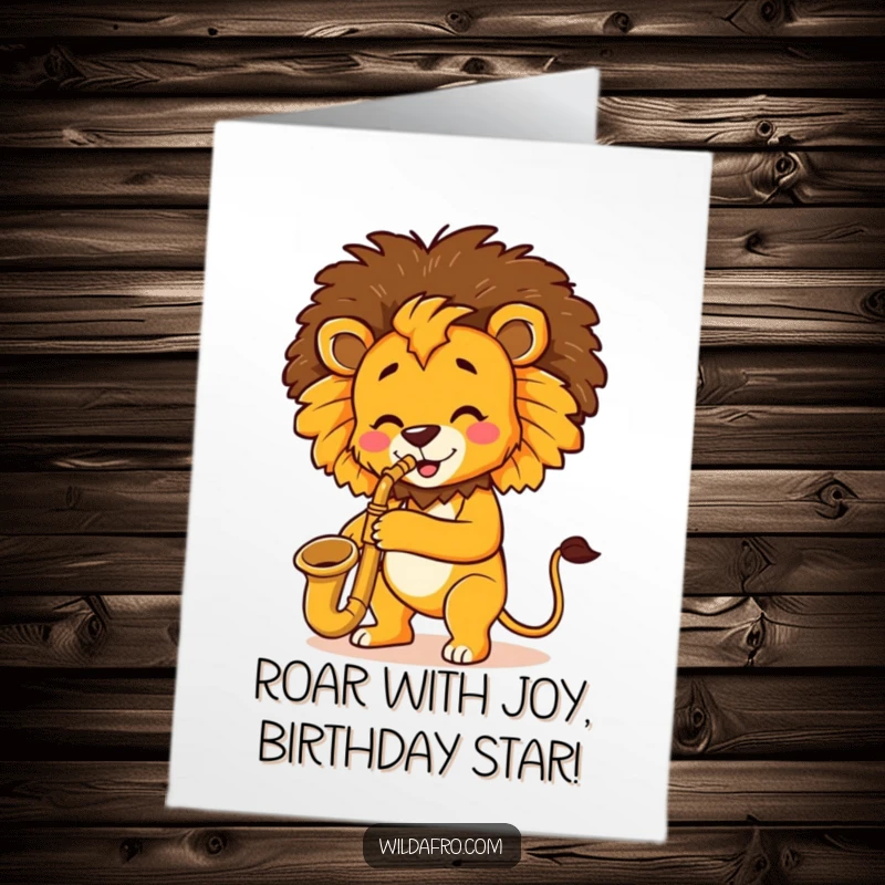 Funny Free Printable Birthday Card of a lion musician with a big afro playing a saxophone with joy.