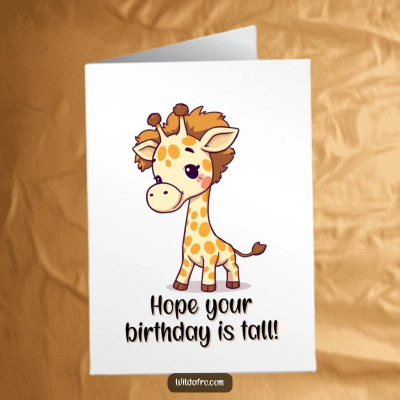 Funny Free Printable Birthday Card: A giggling giraffe swings a large afro like its tail with joy.