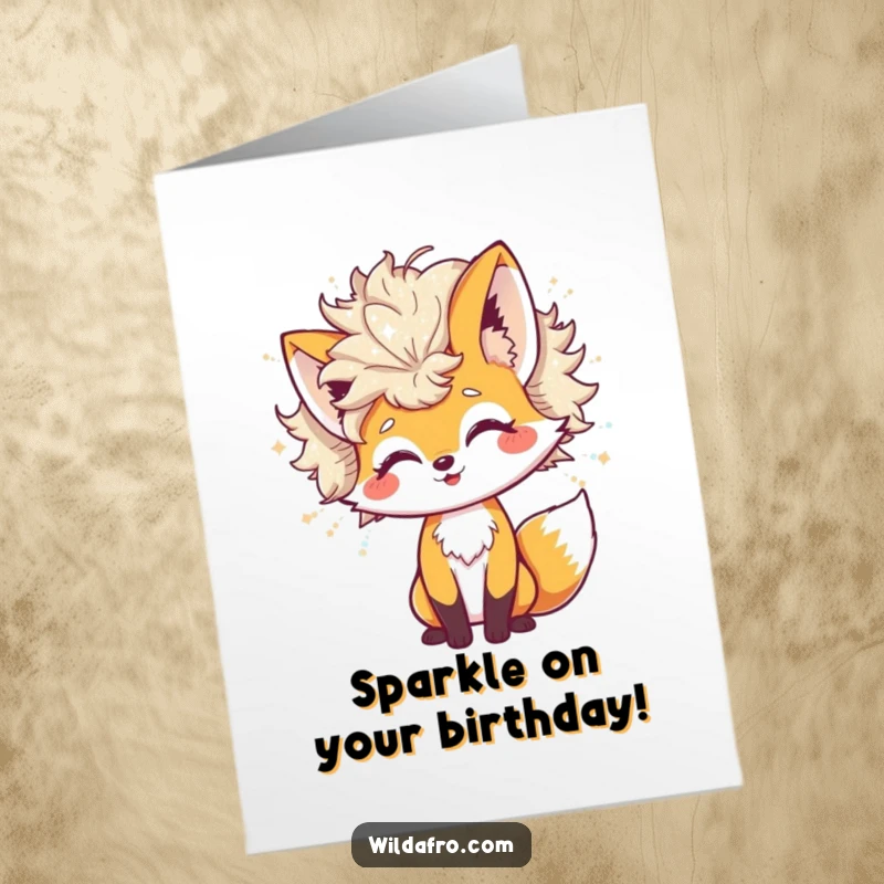 Funny Free Printable Birthday Card: Cheerful fox playfully shaking a large afro that sheds sparkling glitter, celebrating.
