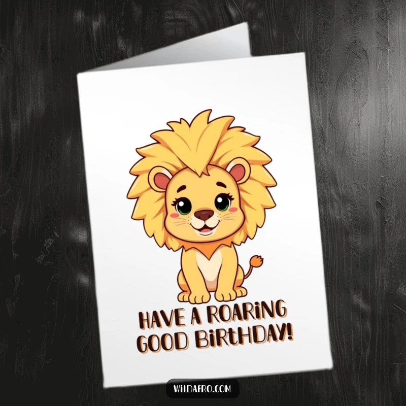 Funny Free Printable Birthday Card: A cheerful lion character showcasing a magnificent, playful afro mane, radiating confidence and fun.