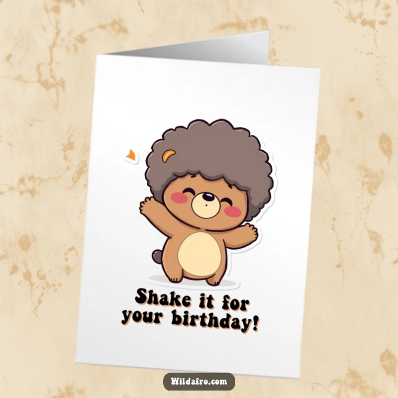 Funny Free Printable Birthday Card: Playful bear character shaking its head, causing its large afro to bounce joyfully.