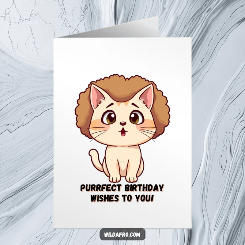 Funny Free Printable Birthday Card: A cat with an afro wig looks utterly shocked and surprised.