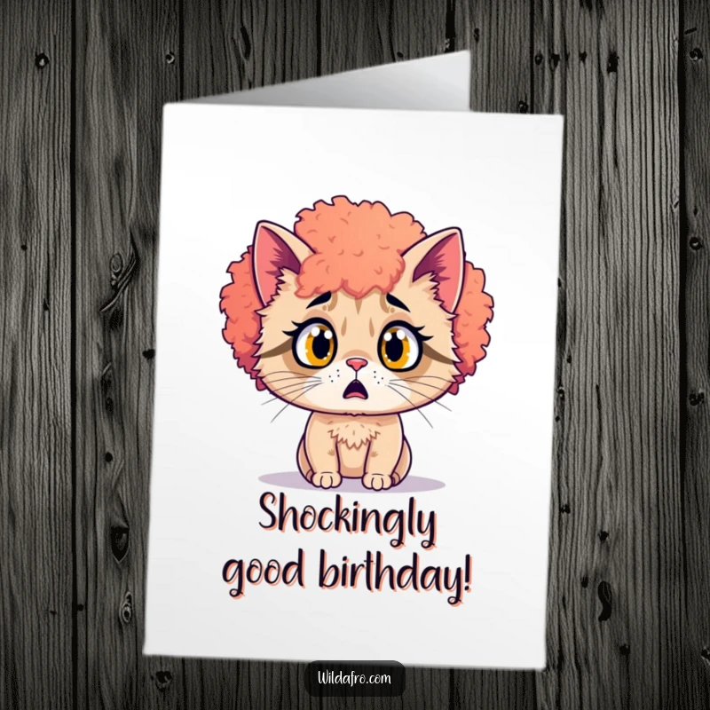 Funny Free Printable Birthday Card: A shocked cat wearing a vibrant afro hairpiece gasps, a downloadable gift.