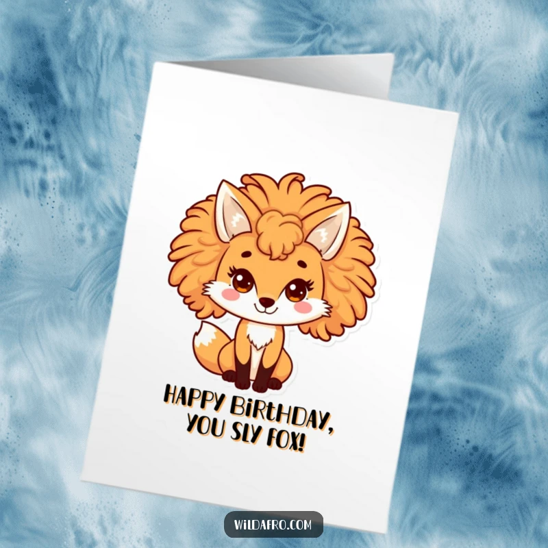 Funny Free Printable Birthday Card: Playful fox with a large, curly afro mane, looking mischievous.