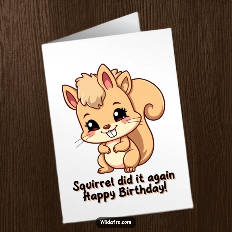 Funny Free Printable Birthday Card: Mischievous squirrel with a huge afro wiggling it happily, ready to party.