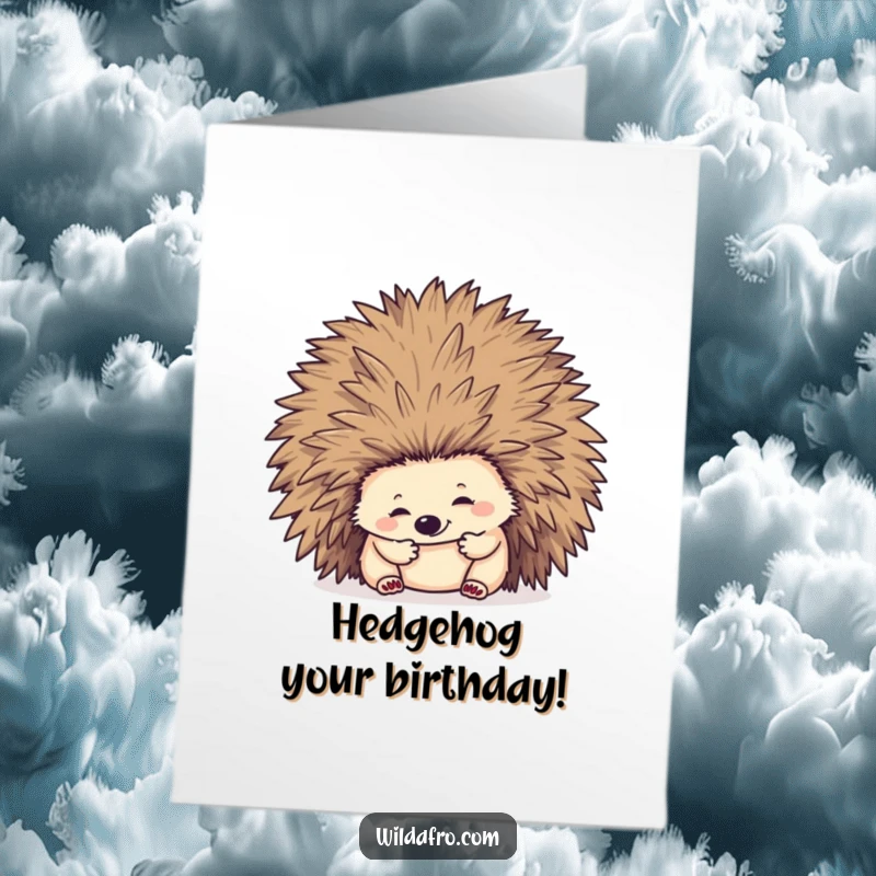 Funny Free Printable Birthday Card: Hedgehog happily burrowing into a massive, fluffy afro, a truly unique celebration.