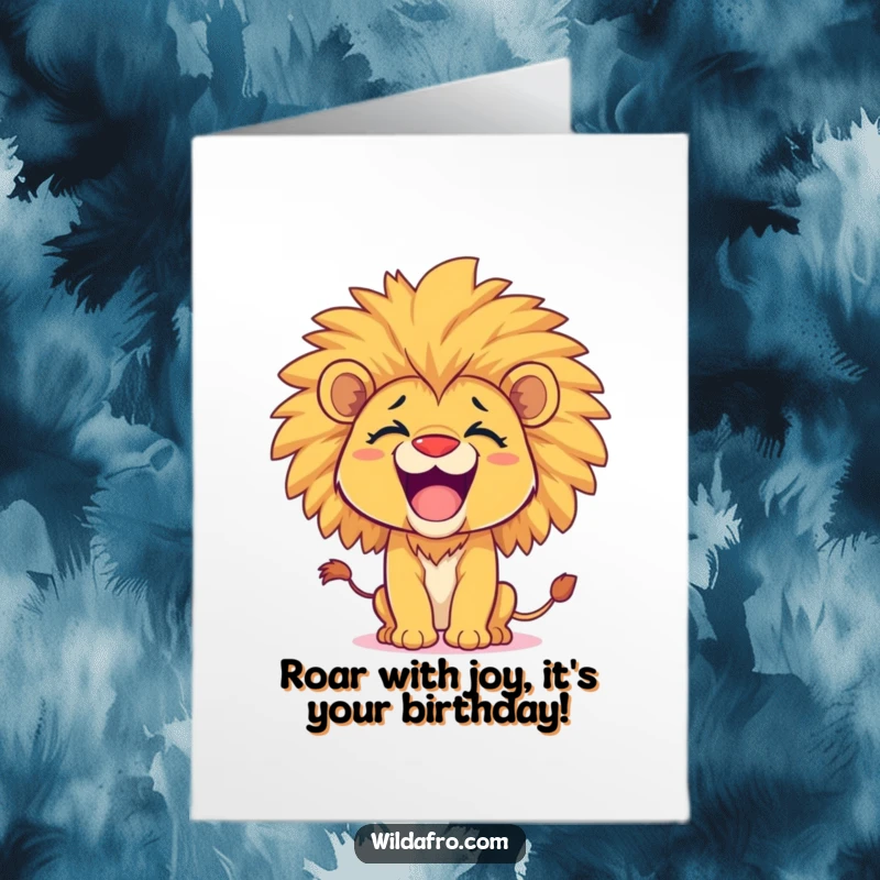 Funny Free Printable Birthday Card: A happy lion cub with a huge afro lets out a playful roar, celebrating a wild birthday.