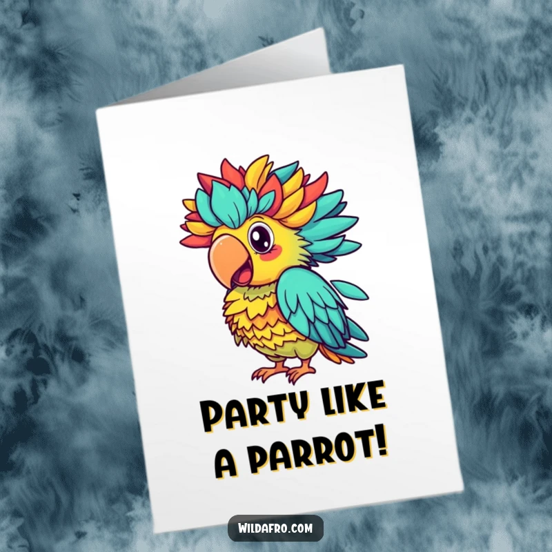 Funny Free Printable Birthday Card: A proud parrot with a bright afro squawks with vibrant colors.