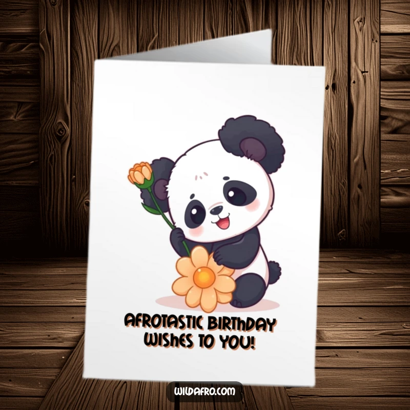 Funny Free Printable Birthday Card featuring a playful panda with a rounded afro trying to balance a flower.