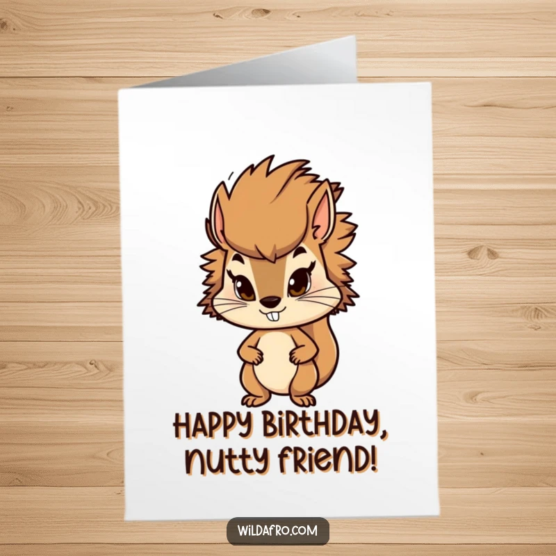Funny Free Printable Birthday Card: Determined squirrel with a stylish, bushy afro, ready to celebrate.