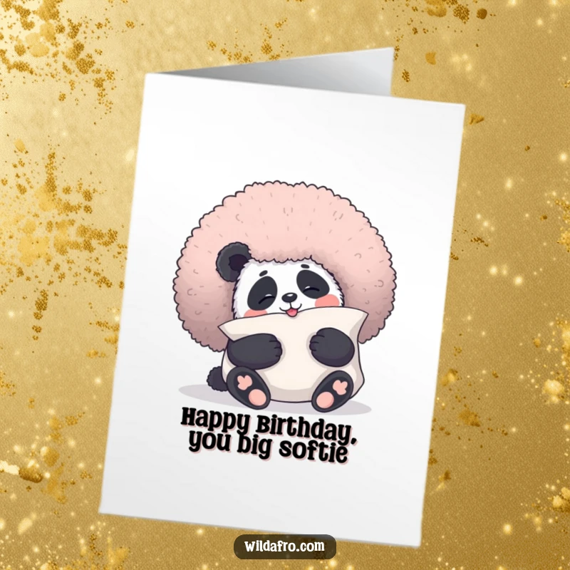 Funny Free Printable Birthday Card: Giggling panda bear cuddling a giant, fluffy afro like a pillow.