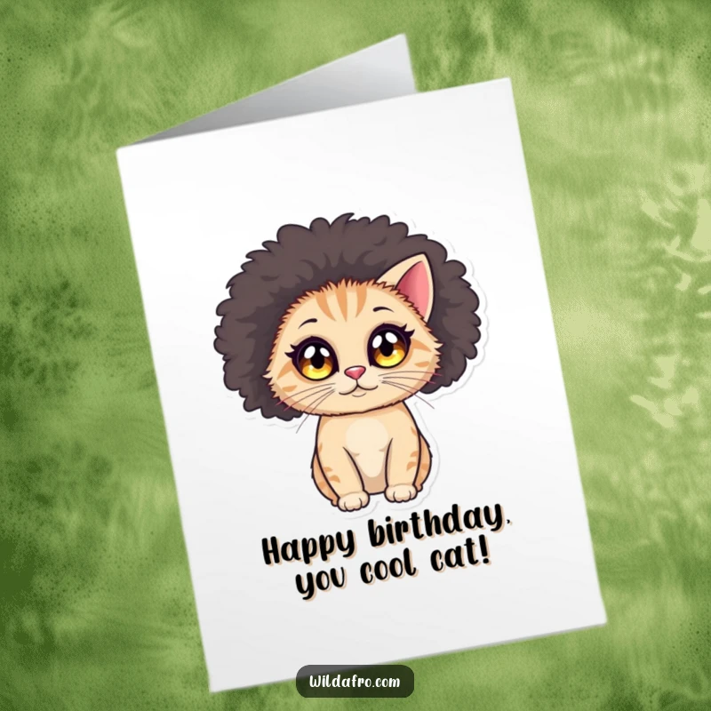 Funny Free Printable Birthday Card: Round cat with big eyes, wearing a huge, voluminous afro wig, looking stylish.