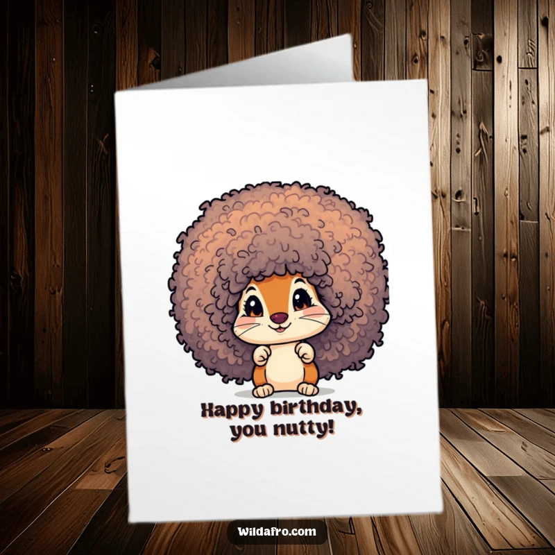 Funny Free Printable Birthday Card with a curious squirrel peeking from a vibrant, textured afro.