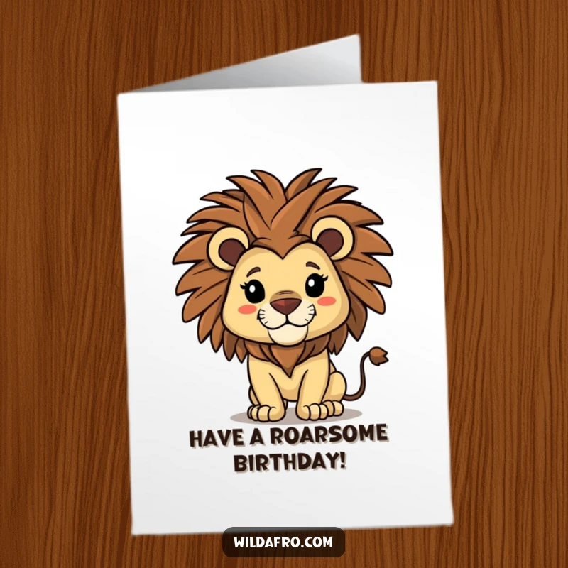 Funny Free Printable Birthday Card featuring a proud lion with a majestic afro shaking its fabulous mane.