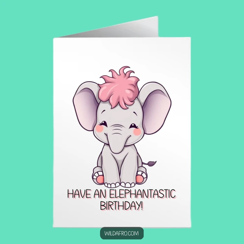 Free Printable Birthday Card: Happy Afro Elephant Calf Trumpeting, Hilarious Downloadable