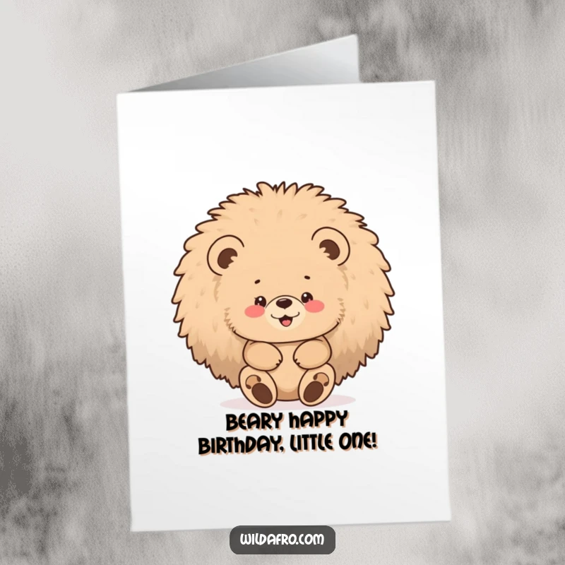 Funny Free Printable Birthday Card: Chubby bear cub peeking out gleefully from inside a large, fluffy afro.