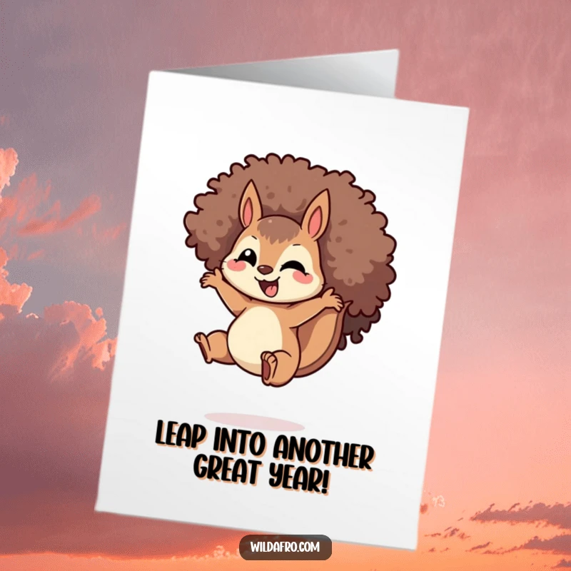 Funny Free Printable Birthday Card: A delighted squirrel with a large spiraled afro caught mid-air during an ecstatic jump.