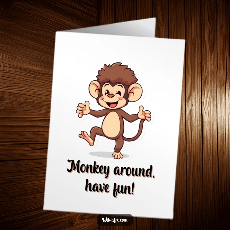 Funny Free Printable Birthday Card featuring an energetic monkey with an afro doing a playful, happy dance.