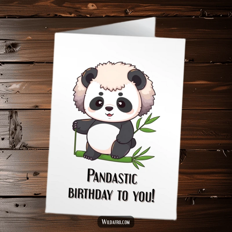 Funny Free Printable Birthday Card: A determined panda with a fluffy afro skillfully balancing on a single bamboo stalk.