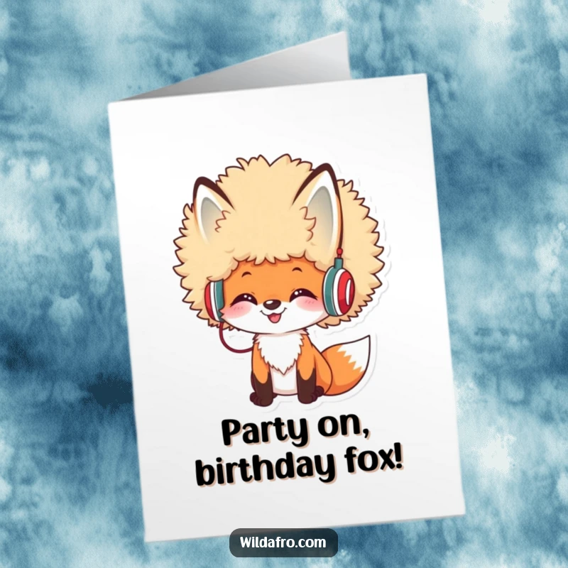 Funny Free Printable Birthday Card: A cheerful fox sports a big afro and tiny headphones, ready to DJ.