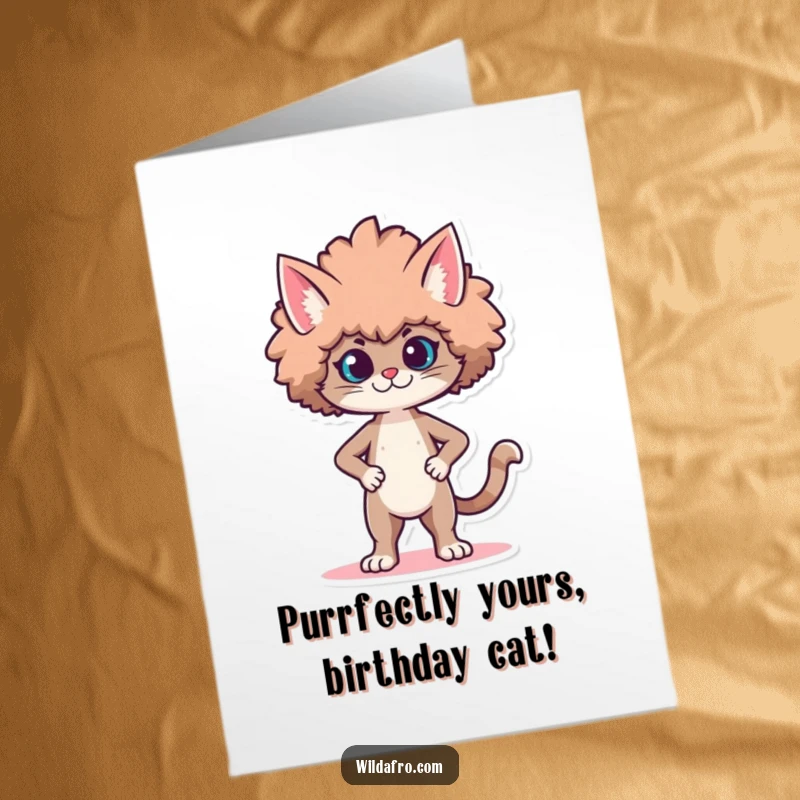 Funny Free Printable Birthday Card: Proud cat character strutting confidently with a large, stylized, voluminous afro.
