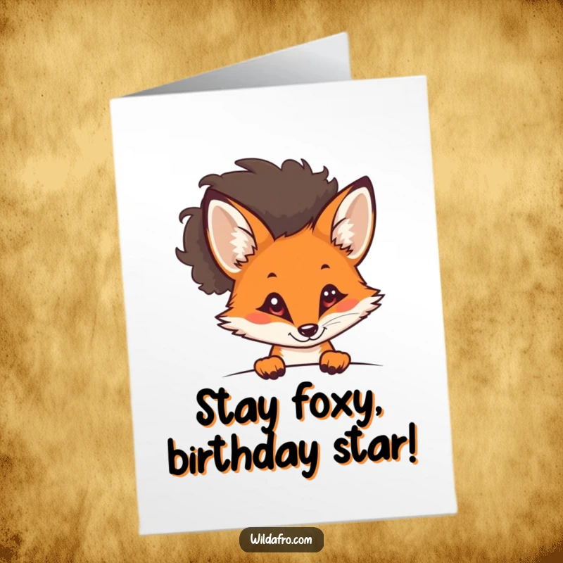 Funny Free Printable Fox Birthday Card: Curious fox with a stylish afro peeking out from behind a bush, ready to deliver birthday wishes.