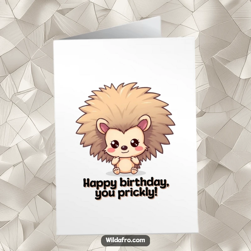 Funny Free Printable Birthday Card with a shy hedgehog peeking from behind a spectacular, large afro.