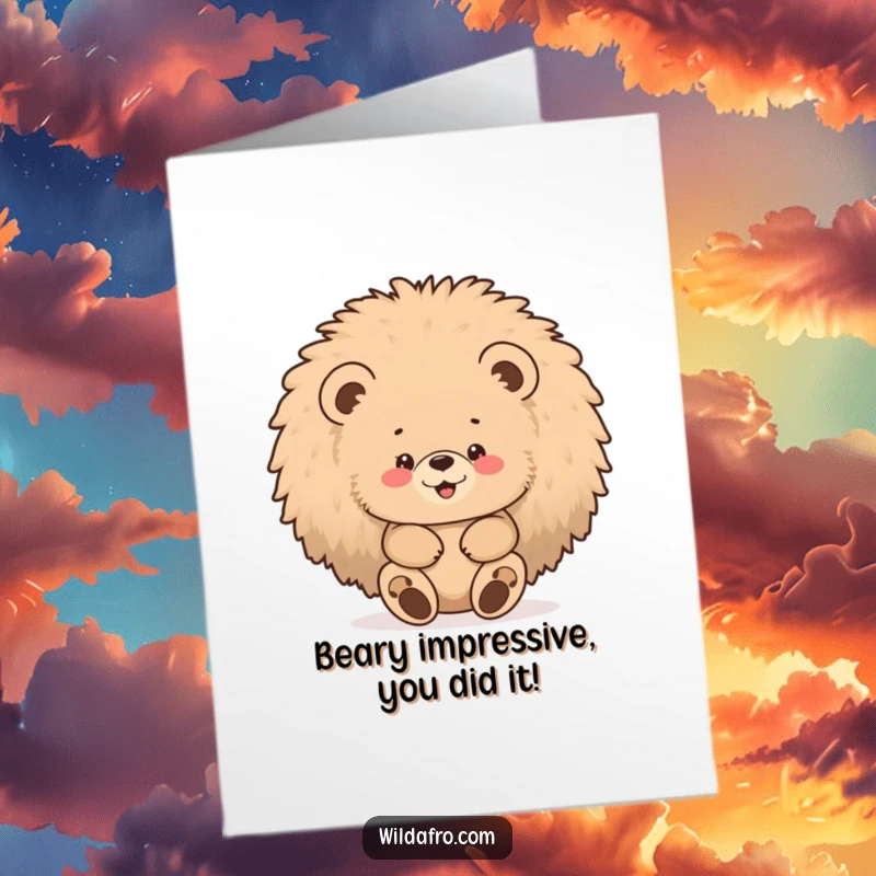 Funny Free Printable Congratulations Card: A chubby bear cub gleefully hiding inside a large, fluffy afro.