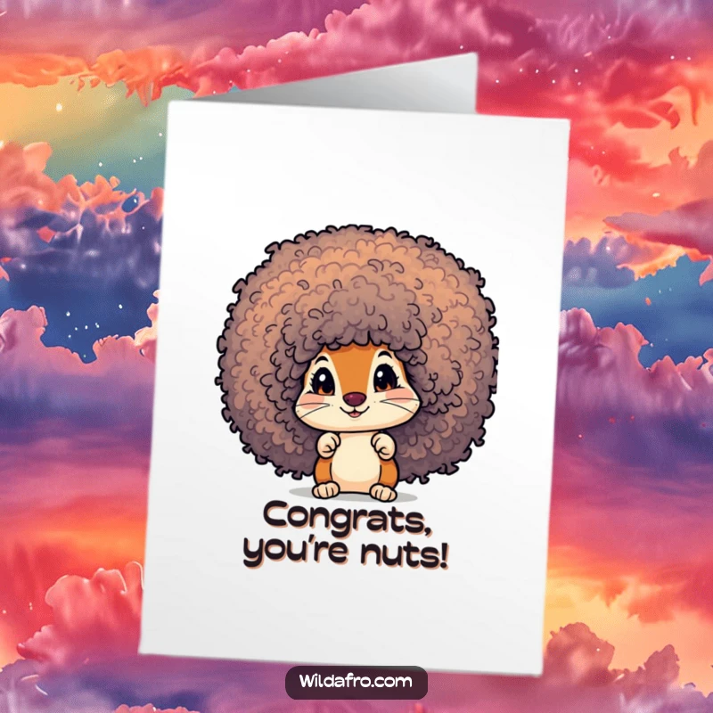 Funny Free Printable Congratulations Card featuring a curious squirrel popping out of a colorful, textured afro.