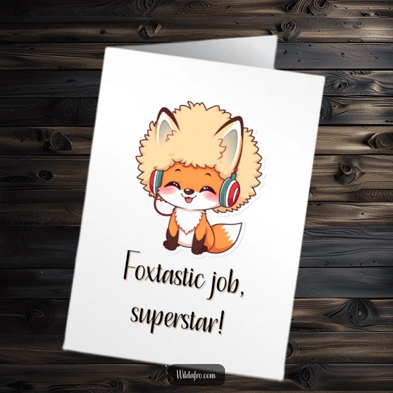 Funny Free Printable Congratulations Card: A cheerful fox with a massive afro and small headphones, looking cool and celebratory.