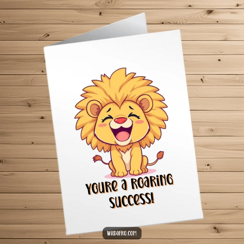 Funny Free Printable Congratulations Card: A lion cub sporting a voluminous afro playfully roars, celebrating success with confidence and flair.