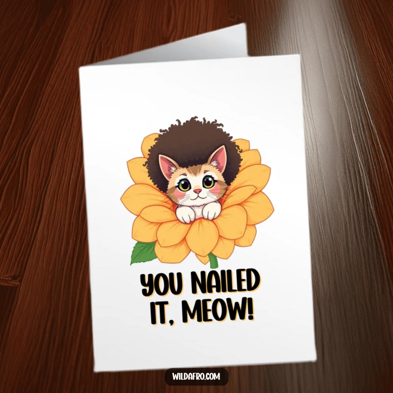 Funny Free Printable Congratulations Card: A cute afro cat peeking with curiosity from the petals of an oversized, vibrant flower.