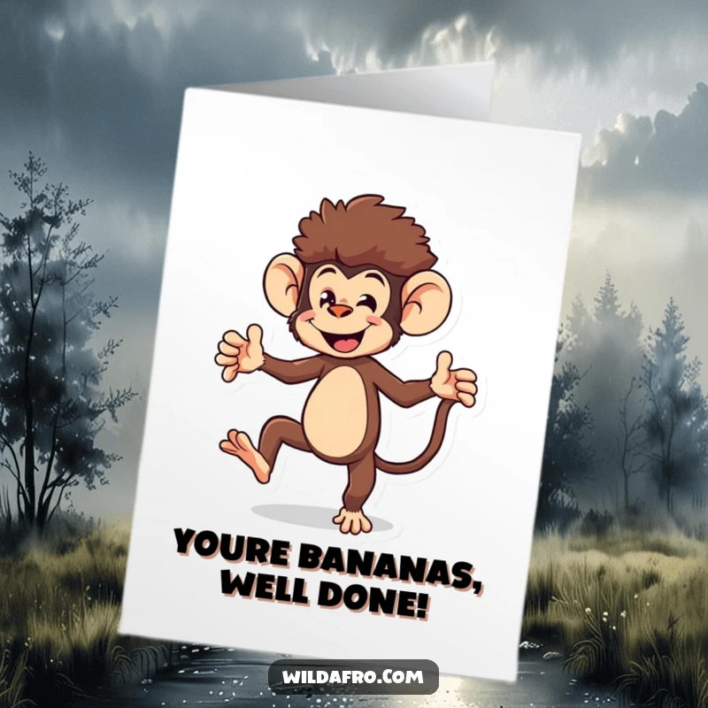 Funny Free Printable Congratulations Card showing an energetic monkey with an afro doing a celebratory dance.
