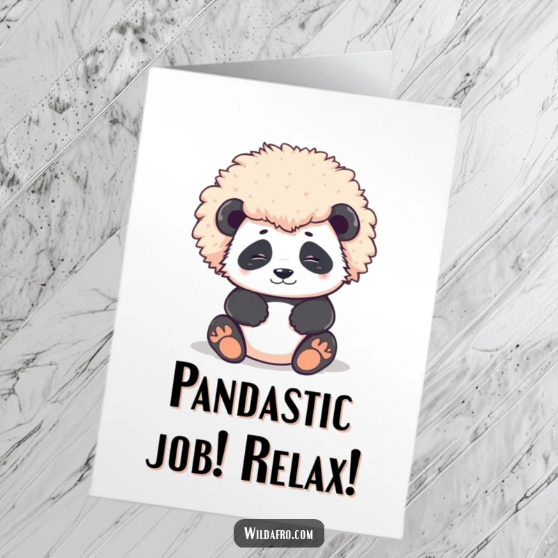 Funny Free Printable Congratulations Card: Contented panda relaxing with a huge, round afro, celebrating success.