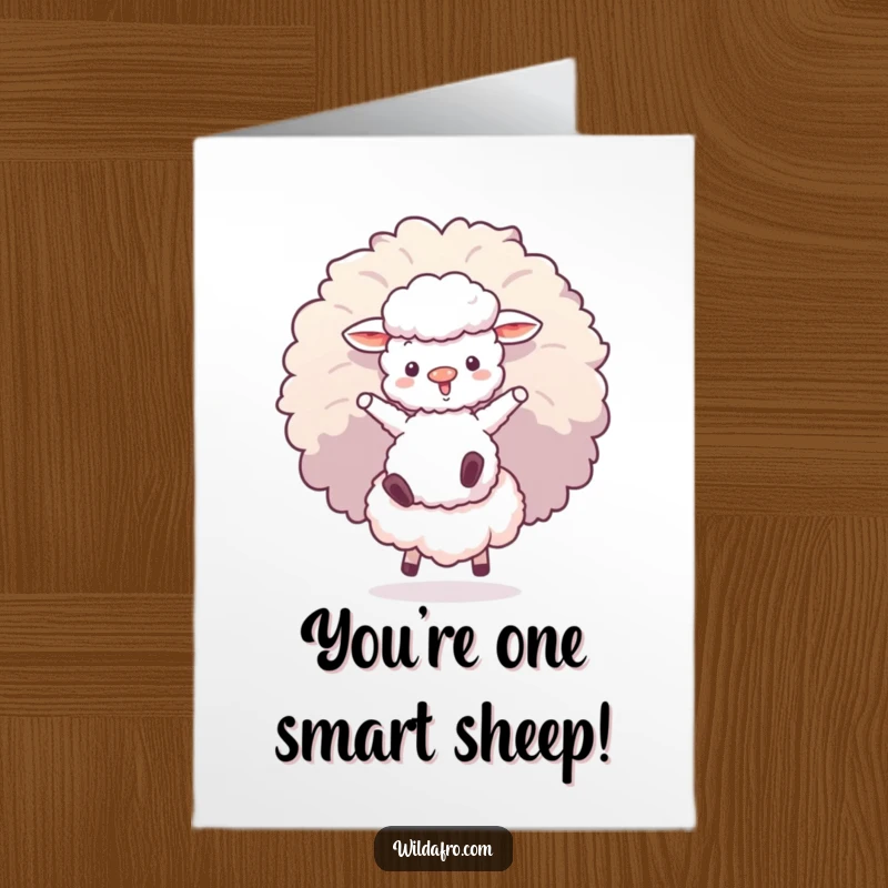 Funny Free Printable Congratulations Card: A fluffy sheep joyfully bouncing on a giant afro puff, symbolizing a leap to success.