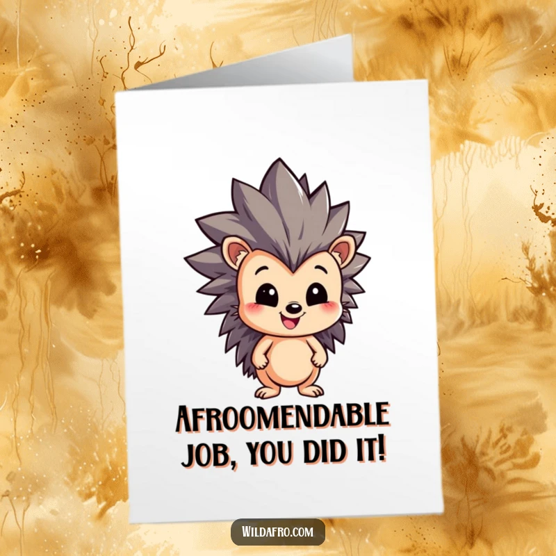 Funny Free Printable Congratulations Card showing a jubilant hedgehog with a massive, spiky afro giving a celebratory thumbs up.