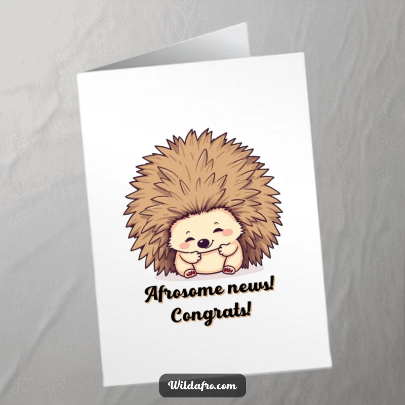 Funny Free Printable Congratulations Card: A determined hedgehog investigating a voluminous afro, celebrating achievements.