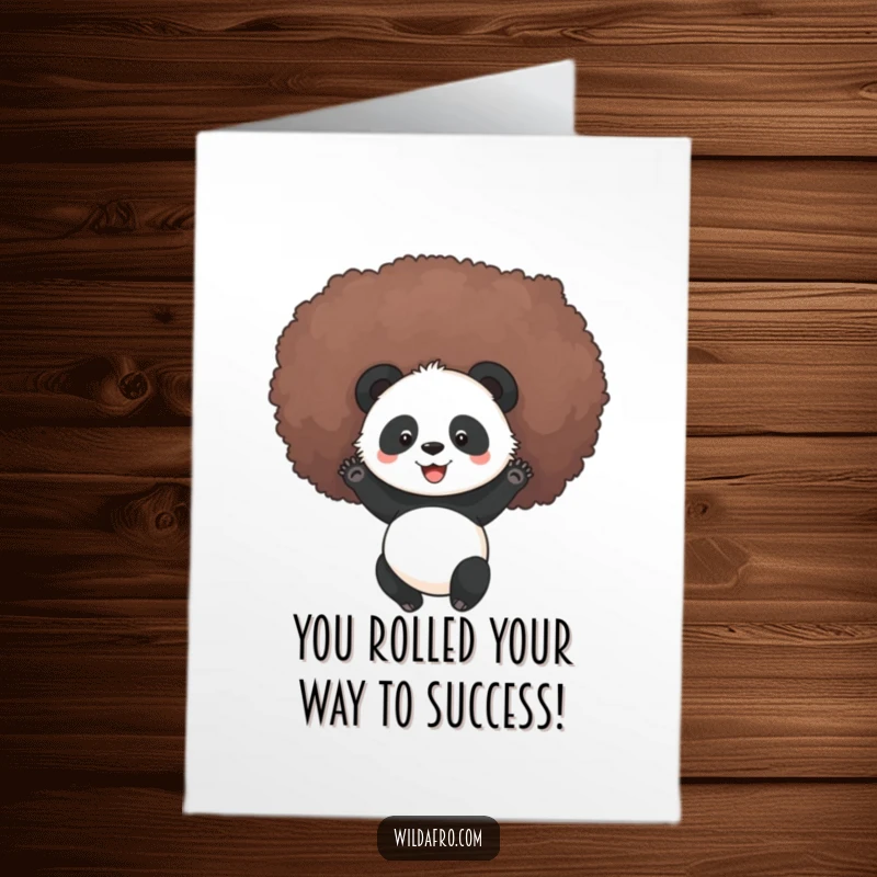 Funny free printable congratulations card featuring a cheerful panda tumbling gleefully within a large afro.
