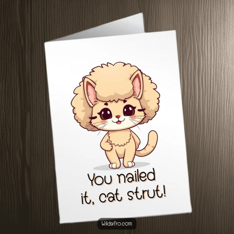 Funny Free Printable Cat Congratulations Card: Smiling cat with a stylish afro confidently strutting, celebrating a big win with jazz hands.