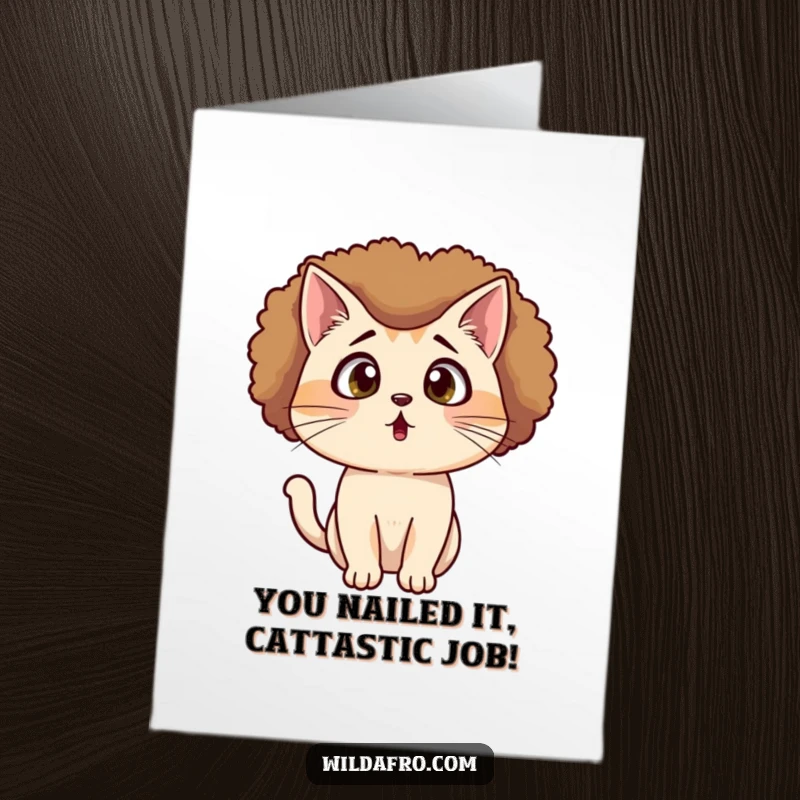 Funny Free Printable Congratulations Card: A cat wearing an afro looks extremely shocked and surprised.