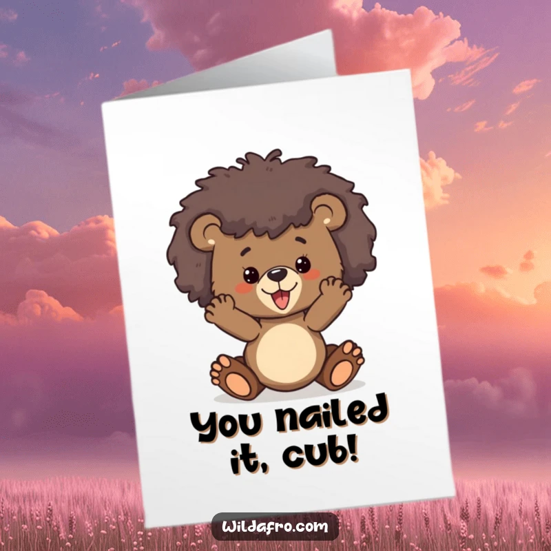 Funny Free Printable Congratulations Card: Energetic bear cub with a fluffy afro striking a proud pose.
