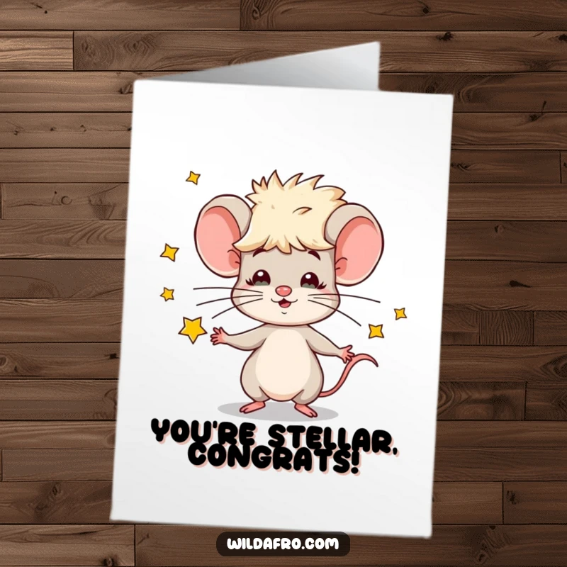 Funny Free Printable Congratulations Card: Adorable mouse with a fluffy afro expertly juggles shining stars, conveying joyous congratulations. A downloadable gift.