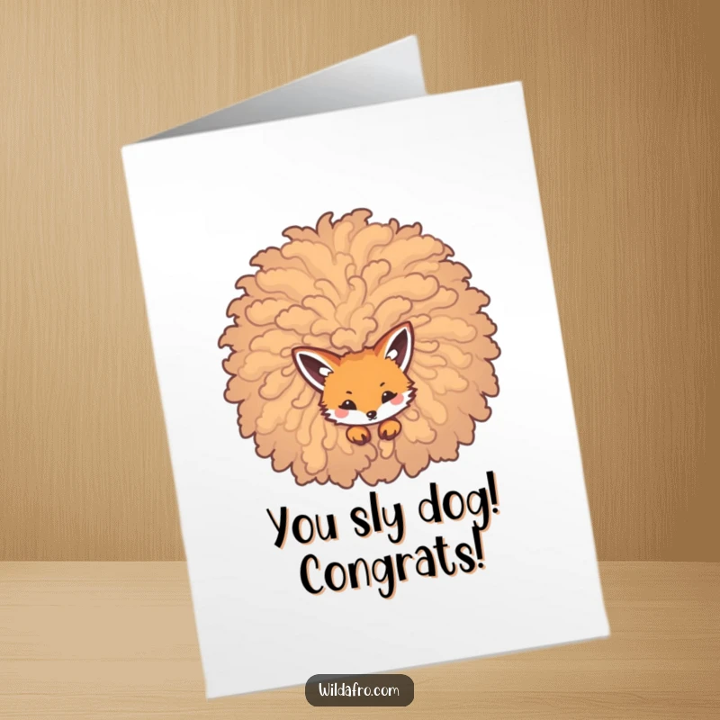 Funny Free Printable Congratulations Card: A shy little fox curiously peeks out from behind a voluminous, curly afro.
