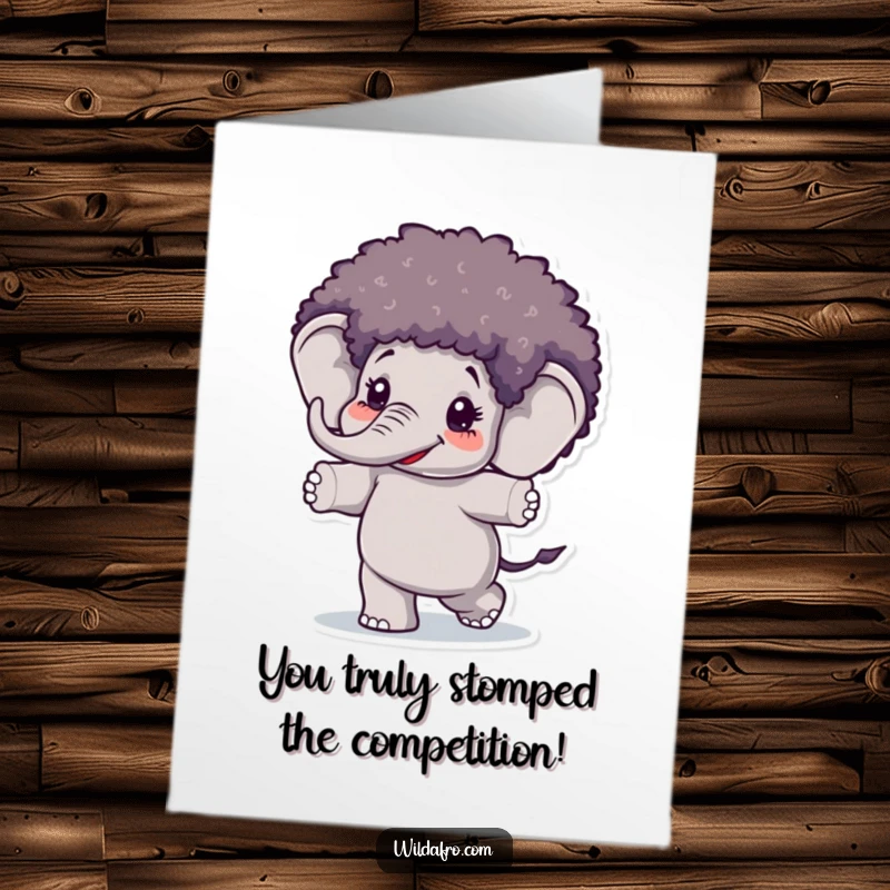 Funny Free Printable Congratulations Card: An elephant wearing an afro wig is dancing enthusiastically.