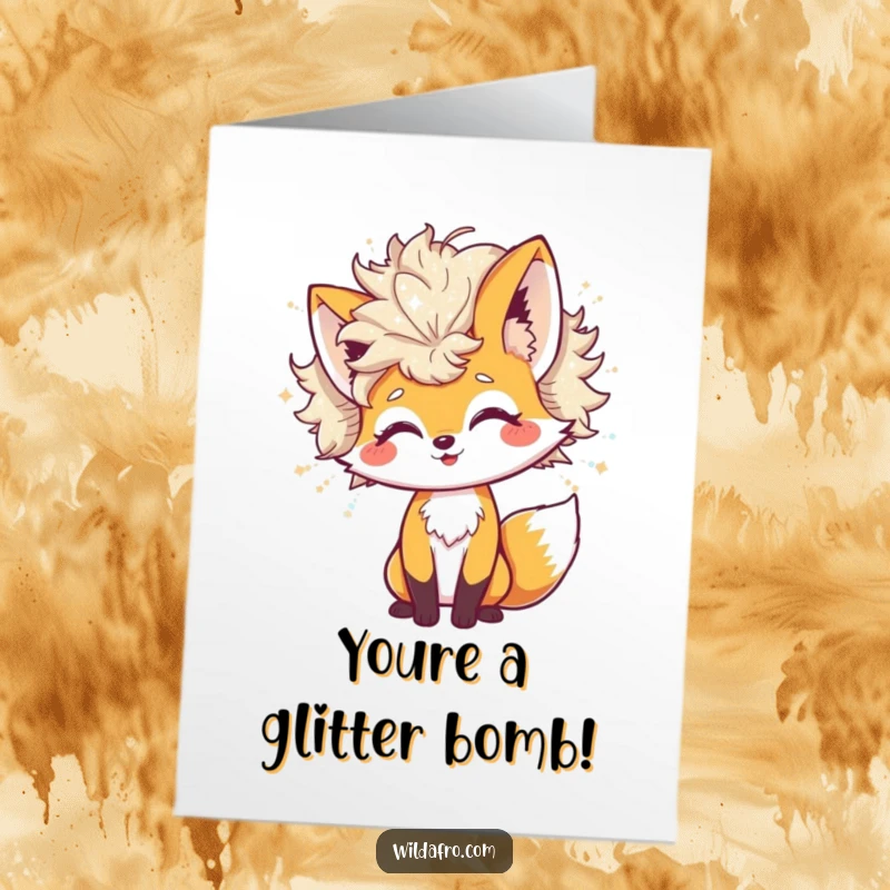 Funny Free Printable Congratulations Card: Cheerful fox playfully shaking a large afro that sheds glitter, congratulating.