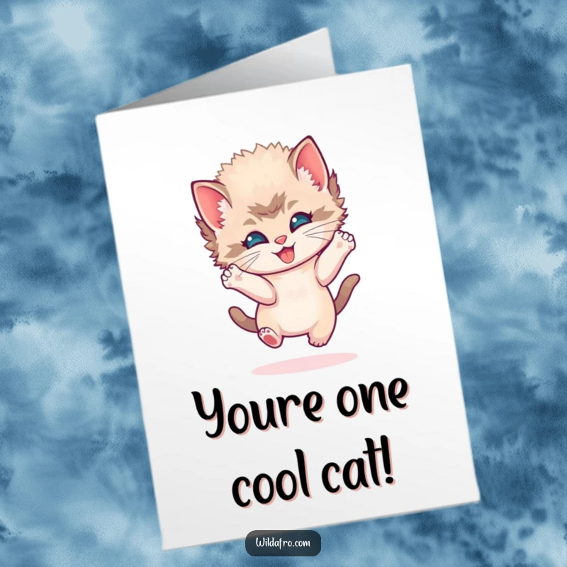 Funny Free Printable Congratulations Card: Playful kitten with a round afro bounces joyfully in celebration.