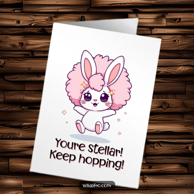 Funny Free Printable Congratulations Card: Cute bunny bouncing with a huge afro and starry eyes, cheering for success.