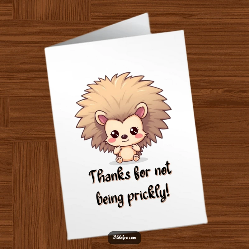 Funny Free Printable Thank You Card of a shy hedgehog peeking from behind a spectacular, large afro.