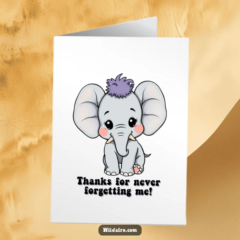 Funny Free Printable Elephant Thank You Card: Happy elephant calf with a large afro trumpeting a cheerful thank you with a wide, grateful smile.